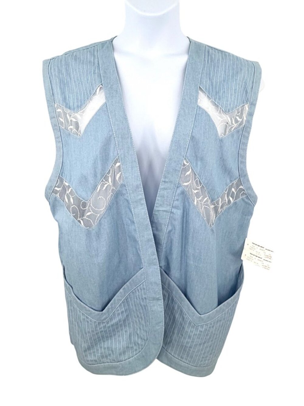 NWT Vtg Talk Of The Walk Blue White Chambray Vest w Lace Chevron Accents Pockets